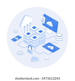 Data Center Services Cloud Services Information processing, hosting, provider, storage, networking, management and distribution of data. Vector outline illustration with isometry scene for web graphic