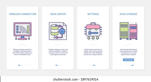 Configuración del centro de datos, ilustración del vector de almacenamiento en la nube. UX, interfaz de usuario conectado a la página de aplicaciones móviles conjunto de pantalla con comunicación inalámbrica a internet de línea tecnológica, símbolos de tecnología de bases de datos de infraestructura digital