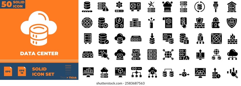 Data Center Solid Editable Icons set. Vector illustration in modern thin solid style of data center icons: web hosting, server, cloud hosting, etc