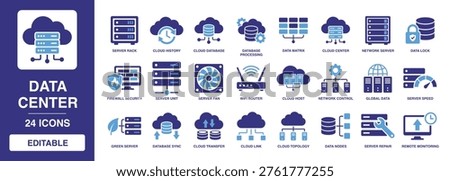 Data Center solid vector glyph icon set featuring server rack, cloud database, network server, data lock, firewall security, and database sync for technology infrastructure.
