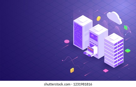 Data center or storage concept based isometric design with local servers connected to cloud servers and laptop on shiny blue background.