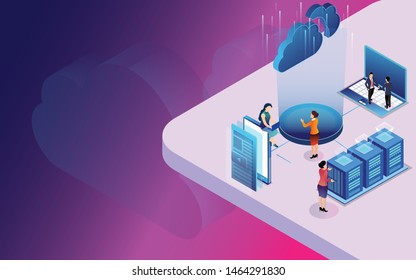 Data center or storage concept based isometric design with local servers connected to cloud servers and laptop on shiny purple background.