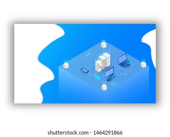 Data center or storage concept based Landing Page design with local servers connected to laptop and smart phone on abstract blue and white background.