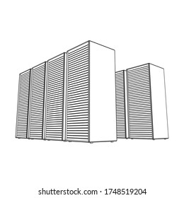Objeto de sala de almacenamiento del centro de datos. Servidor de telecomunicaciones de equipos de hardware. Torre de base de datos de equipos. Grupo de la industria de Internet. Ilustración de 3d de malla de malla baja del bastidor de cables