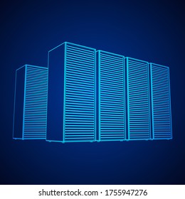 Data center storage room object. Hardware equipment telecommunication server. Computer database tower. Internet industry cluster. Wireframe low poly mesh 3d render illustration