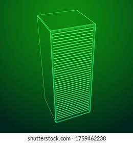 Speicherraum-Objekt im Rechenzentrum. Telekommunikationsserver für Hardware-Geräte. Computer-Datenbankturm. Internet-Industrie-Cluster. Wireframe Low-Poly-Mesh 3D-Darstellung