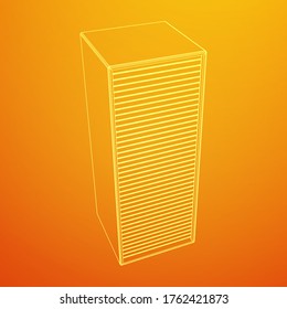 Speicherraum-Objekt im Rechenzentrum. Telekommunikationsserver für Hardware-Geräte. Computer-Datenbankturm. Internet-Industrie-Cluster. Wireframe Low-Poly-Mesh 3D-Darstellung