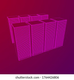 Data center storage room object. Hardware equipment telecommunication server. Computer database tower. Internet industry cluster. Wireframe low poly mesh 3d render illustration