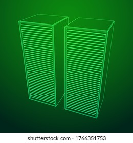 Data center storage room object. Hardware equipment telecommunication server. Computer database tower. Internet industry cluster. Wireframe low poly mesh 3d render illustration