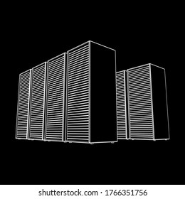 Data center storage room object. Hardware equipment telecommunication server. Computer database tower. Internet industry cluster. Wireframe low poly mesh 3d render illustration