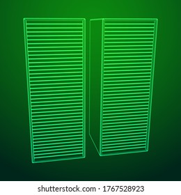 Data center storage room object. Hardware equipment telecommunication server. Computer database tower. Internet industry cluster. Wireframe low poly mesh 3d render illustration