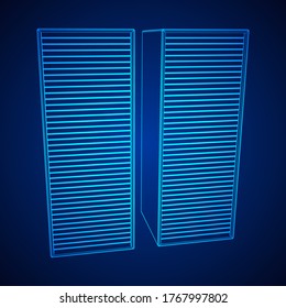 Objeto de sala de almacenamiento del centro de datos. Servidor de telecomunicaciones de equipos de hardware. Torre de base de datos de equipos. Grupo de la industria de Internet. Ilustración de 3d de malla de malla baja del bastidor de cables