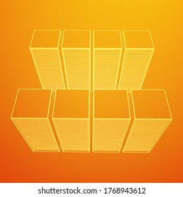 Objeto de sala de almacenamiento del centro de datos. Servidor de telecomunicaciones de equipos de hardware. Torre de base de datos de equipos. Grupo de la industria de Internet. Ilustración de 3d de malla de malla baja del bastidor de cables