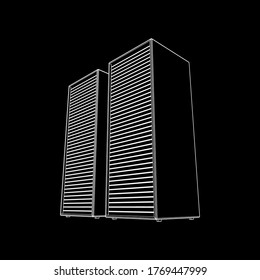 Data center storage room object. Hardware equipment telecommunication server. Computer database tower. Internet industry cluster. Wireframe low poly mesh 3d render illustration