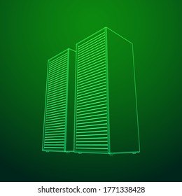 Data center storage room object. Hardware equipment telecommunication server. Computer database tower. Internet industry cluster. Wireframe low poly mesh 3d render illustration