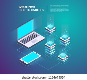 Data center, storage servers, blockchain technology isometric concept. Landing page template. Header for website. Isometric vector illustration 