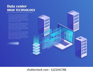 Data center, storage servers, blockchain technology isometric concept. Landing page template. Header for website. Isometric vector illustration 