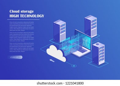 Data center, storage servers, blockchain technology isometric concept. Landing page template. Header for website. Isometric vector illustration 