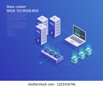 Data center, storage servers, blockchain technology isometric concept. Landing page template. Header for website. Isometric vector illustration 