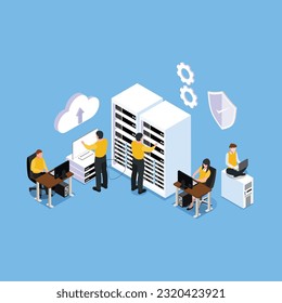 Data center system administrator and security isometric 3d vector illustration concept for banner, website, illustration, landing page, flyer, etc
