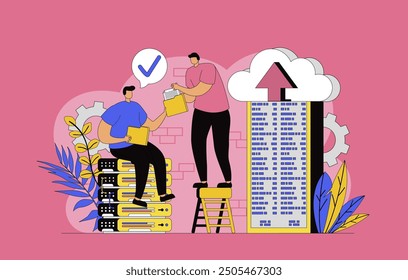 Data center technology concept with modern flat design for web. Engineers team maintaining server rack room, controling performance of hardware, monitoring infrastructure system. Vector illustration.