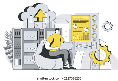 Concepto de tecnología de centros de datos con un esquema de escena de personas. El ingeniero humano mantiene la sala de servidores y controla el rendimiento del hardware en el tablero de mandos. Ilustración vectorial en diseño de línea plana para plantilla web