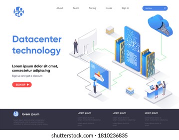 Página de inicio isométrica de tecnología de centros de datos. concepto de isometría del servicio de alojamiento de Internet. Página web plana de equipos de computación y conexión en red de centros de datos. Ilustración vectorial con caracteres de personas.