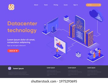 Data center technology isometric landing page. Internet hosting service isometry concept. Data center computing and networking equipment flat web page. Vector illustration with people characters.