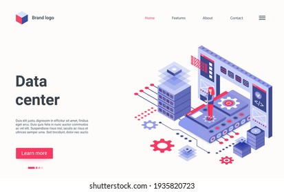 IT-Landingpage im Rechenzentrum, isometrische Landungsseite, Hardware-Ausrüstung für große Workstations