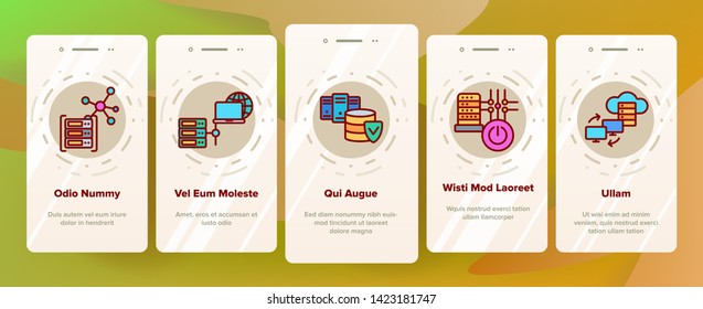 Data Center, Technology Onboarding Mobile App Page Screen Vector Icons Set. Data Analytics, Remote Access. Cloud Computing, Networking. Hosting Business Illustrations