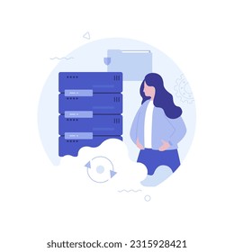 Data center update flat concept vector illustration. Scene with servers software upgrade and cartoon character for web design. Creative idea for website, mobile, presentation
