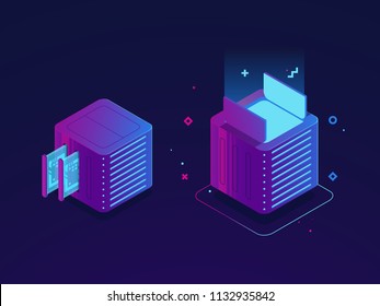 Data center, upgrading computer system, slot of memory card,open and close box isometric server room and cloud storage vector illustration, dark ultraviolet neon