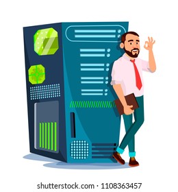 Data Center Vector. Hosting Server And Man. Storage Cloud. Network And Database. Isolated Flat Cartoon Illustration
