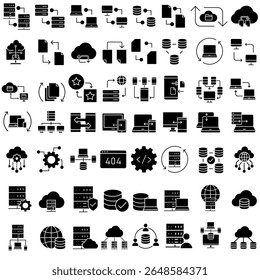 Conjunto de ícones de vetor do data center. Coleção de sinais de ilustração de análise de dados. Símbolo do servidor. Hospedando ícones da Web. Contendo computação em nuvem, tecnologia, big data, banco de dados e muito mais.