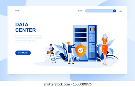 Data center vector landing page template with header. Computer systems and telecommunications web banner, homepage design with flat illustrations. Database, information storage and hardware