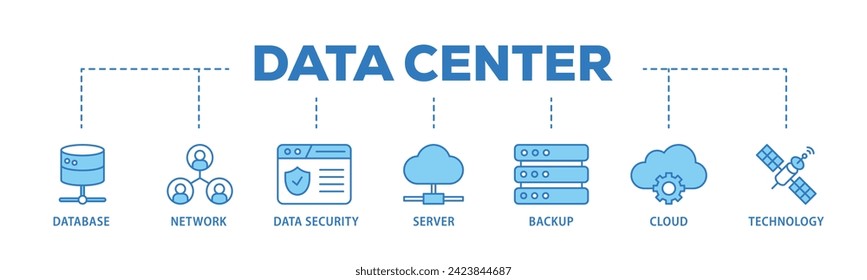 Data center web banner icon vector illustration concept consists of database, network, data security, server, backup, cloud and technology icon live stroke and easy to edit