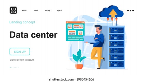 Data center web concept. Datacenter with equipment, man works in server room, uses cloud storage. Template of people scenes. Vector illustration with character activities in flat design for website