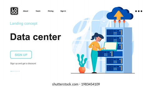 Data center web concept. Datacenter with equipment, server room with hardware, cloud computing. Template of people scenes. Vector illustration with character activities in flat design for website
