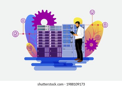 Data center web concept. Datacenter with equipment, man works in server room. Template of people scenes. Vector illustration with character activities in flat design for website