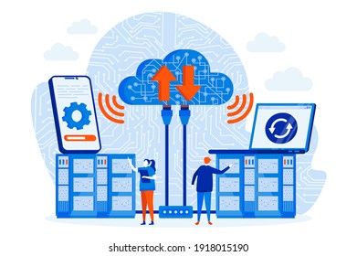 Data center web design concept with people characters. Server engineers work scene. Cloud data storage service composition in flat style. Vector illustration for social media promotional materials.
