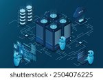 Data center and web hosting isometric concept. Cloud computing storage. Isometric server room rack. Vector illustration