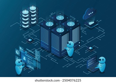 Data center and web hosting isometric concept. Cloud computing storage. Isometric server room rack. Vector illustration