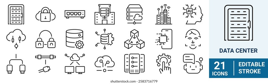 Data center web line icon. Containing cloud computing, security, hosting, computer, internet, server, information technology icon. Vector illustration.