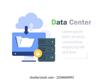 Centro de datos, servidores Web, servicio, conexión a Internet, servidores en la nube con iconos de seguridad planos