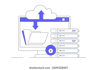 Data Center, web servers, service, internet connection, cloud servers with security. Flat Cartoon Vector Illustration, icon. Stylish abstract design