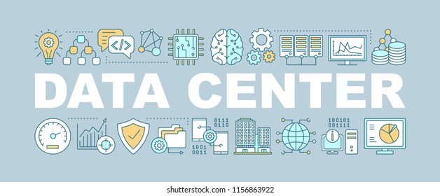Data center word concepts banner. Big data. Database. Isolated lettering typography idea with linear icons. IT technology. Machine learning. Vector outline illustration