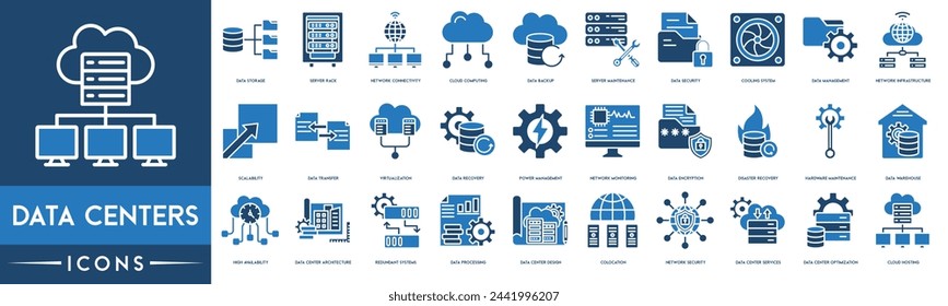 Symbol für Rechenzentren. Datenspeicher, Server, Netzwerkkonnektivität, Cloud Computing, Backup, Serverwartung, Sicherheit, Datenverwaltung, Virtualisierung und Datenwiederherstellung - Symbolsatz.