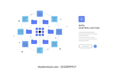 Data centralisation and data tech concept. Web banner, presentation slide template. Abstract scheme, infographic element, flat illustration. Vector file.