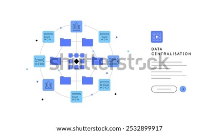 Data centralisation and data tech concept. Web banner, presentation slide template. Abstract scheme, infographic element, flat illustration. Vector file.