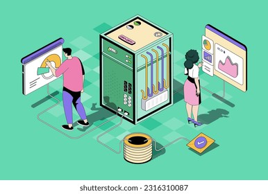 Data centre concept in 3d isometric design. Woman and man work as tech administrators, monitoring system and infrastructure optimization. Vector illustration with isometry people scene for web graphic